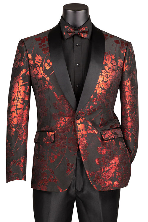 Men's Shiny Foil Floral Paisley Tuxedo Jacket - Red