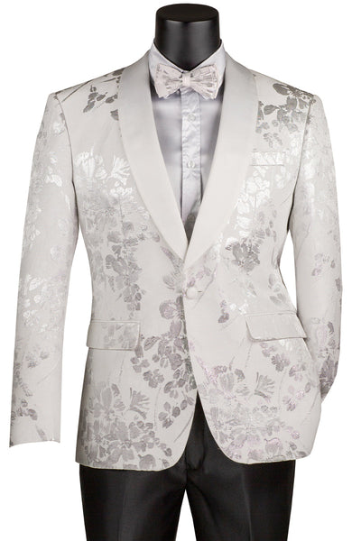 Men's White Shiny Foil Floral Paisley Tuxedo Jacket