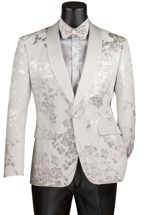 All White Mens Tuxedo - Wedding Suit - Men's Shiny Foil Floral Paisley Prom & Wedding Tuxedo Jacket In White - Men's Tuxedo USA