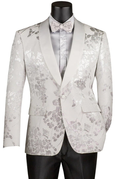 All White Mens Tuxedo - Wedding Suit - Men's Shiny Foil Floral Paisley Prom & Wedding Tuxedo Jacket In White - Men's Tuxedo USA
