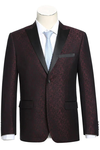 Burgundy Prom Tuxedo Suit - Burgundy Wedding Suit - Mens Two Button Peak Lapel Paisley Prom Tuxedo Blazer