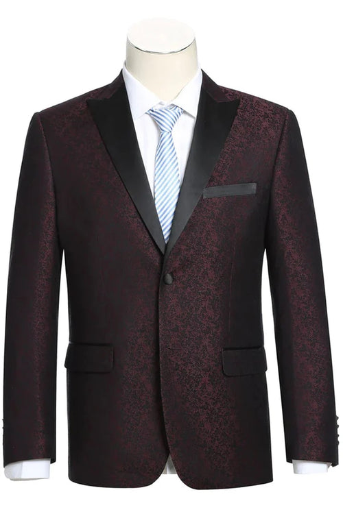 Burgundy Prom Tuxedo Suit - Burgundy Wedding Suit - Mens Two Button Peak Lapel Paisley Prom Tuxedo Blazer by PROMTUXEDO