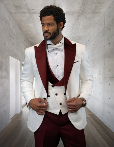 Statement Men's White with Burgundy Peak Lapels Tuxedo with Bow Tie - Men's Tuxedo USA