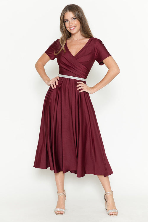 Lenovia 5274 V-Neck Short Sleeve Midi Cocktail Dress with Rhinestone Waist Formal & Wedding Guest Attire