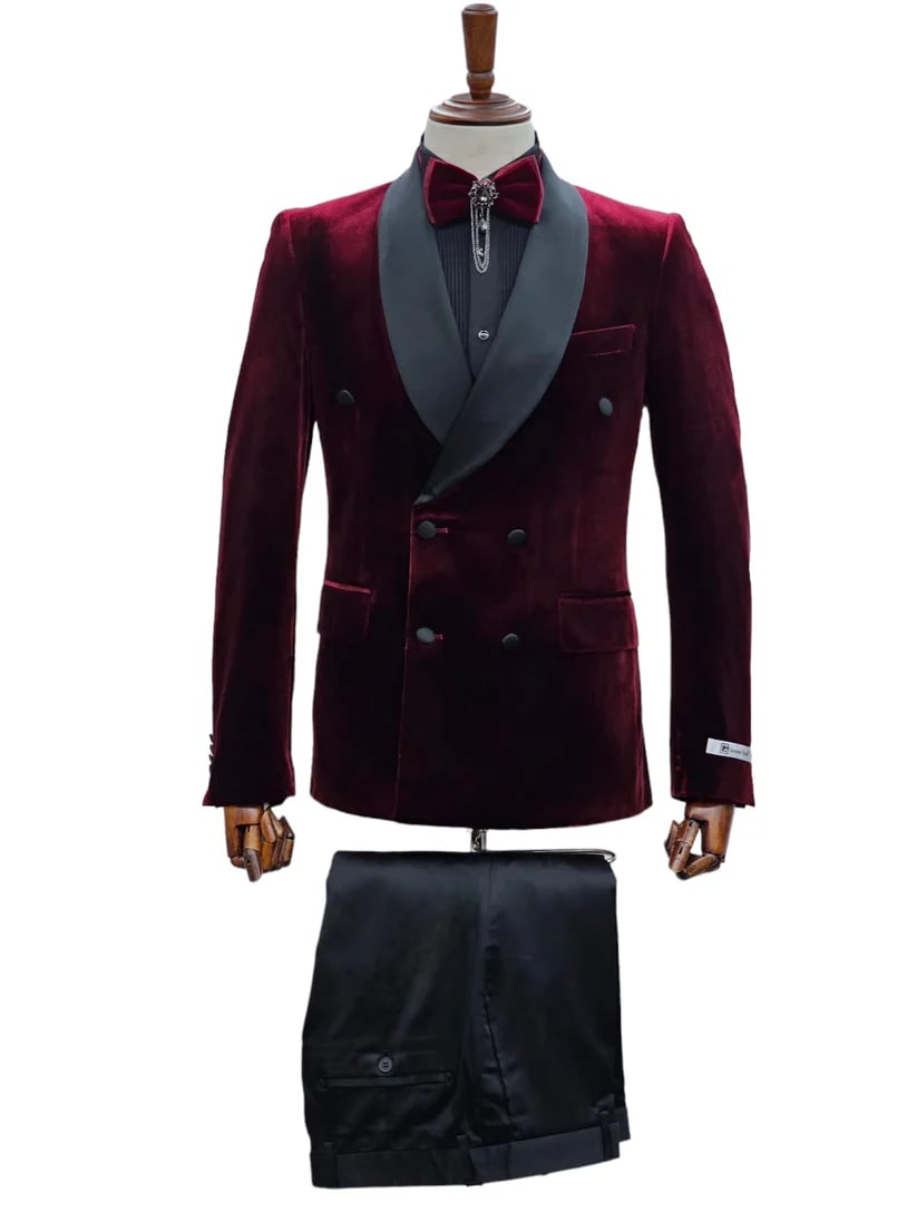 Double Breasted Tuxedo Suit - Slim fitted - Burgundy Suit - Shawl Collar - Men's Tuxedo USA