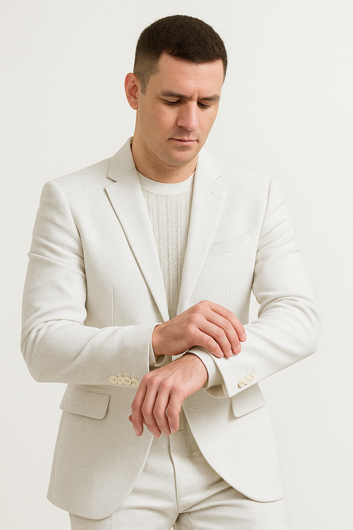 Mens Two Piece Linen Suit Relaxed Hybrid Fit No Collar MensUSA