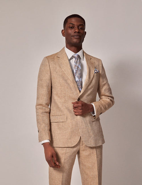 Mens Linen Suit For Beach Wedding - Summer Suit in Beige Herringbone - Men's Tuxedo USA