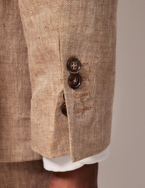 Mens Linen Suit For Beach Wedding - Summer Suit in Beige Herringbone - Men's Tuxedo USA