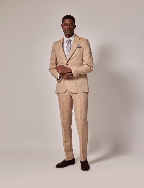 Mens Linen Suit For Beach Wedding - Summer Suit in Beige Herringbone - Men's Tuxedo USA