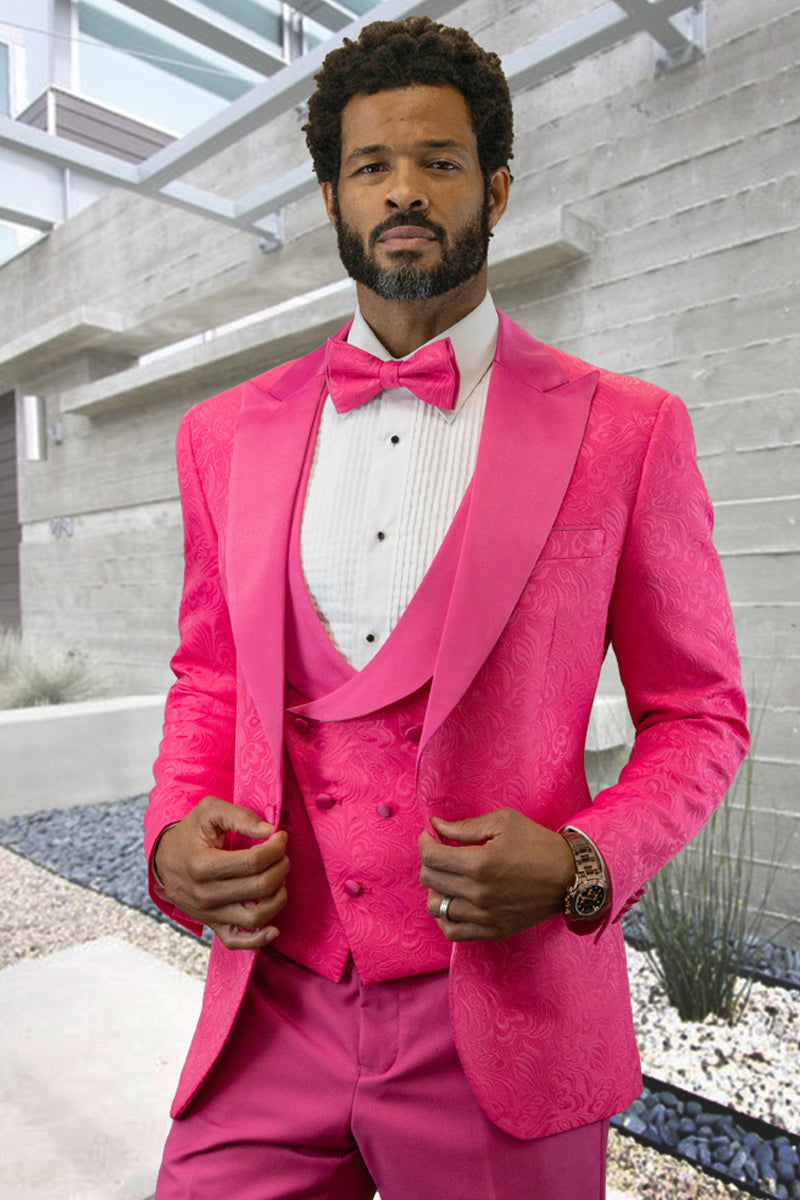 Men's Hot Pink Paisley Vested Tuxedo for Weddings & Proms