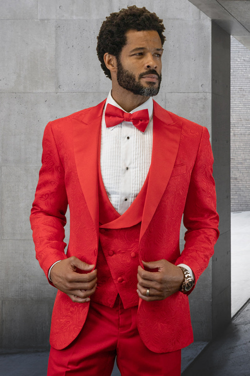 Men's Red Paisley Vested Tuxedo for Weddings & Proms