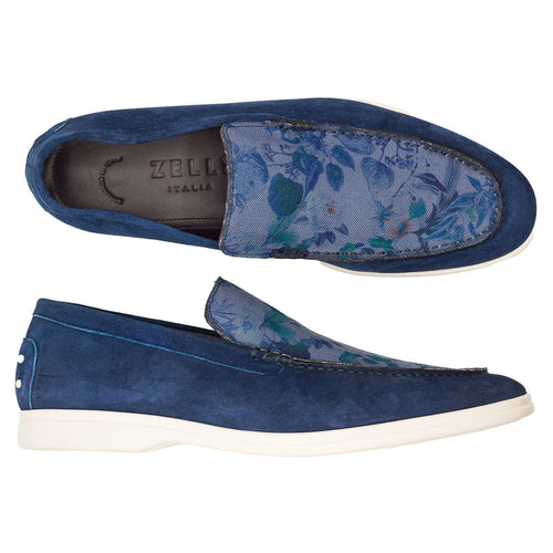 Zelli Bene Sueded Goatskin Loafer with Floral Fabric Vamp in Navy