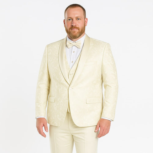 Big and Tall Ivory Floral Tuxedo – 3-Piece Embroidered Suit with Shawl Lapel for Weddings, Proms in Color Cream