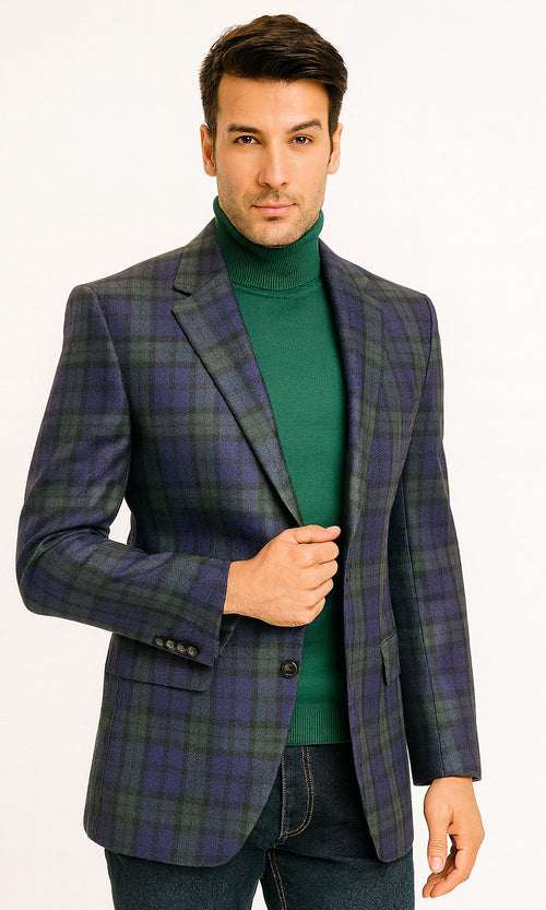 Big and Tall Plaid Sport Coat - Windowpane Checkered Scottish Pattern Party Blazer in Color Green and Blue Tartan