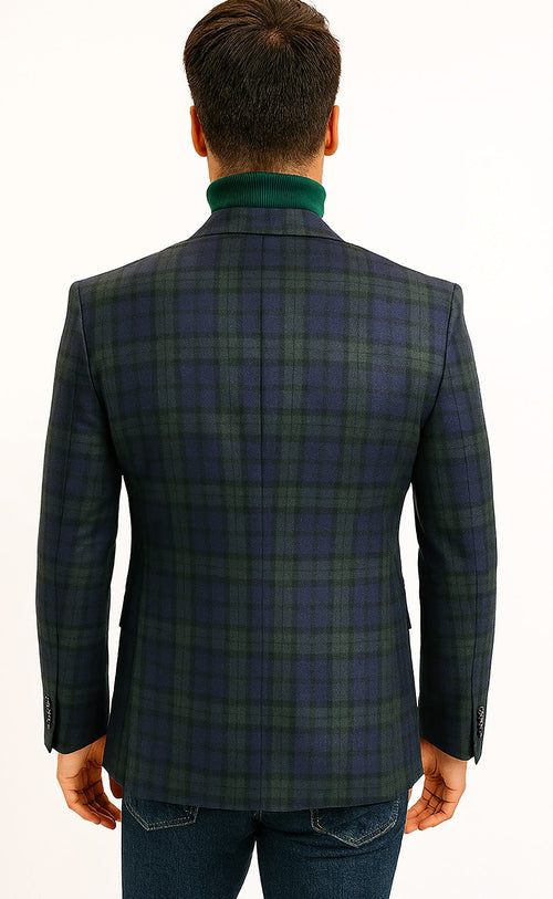 Big and Tall Plaid Sport Coat - Windowpane Checkered Scottish Pattern Party Blazer in Color Green and Blue Tartan