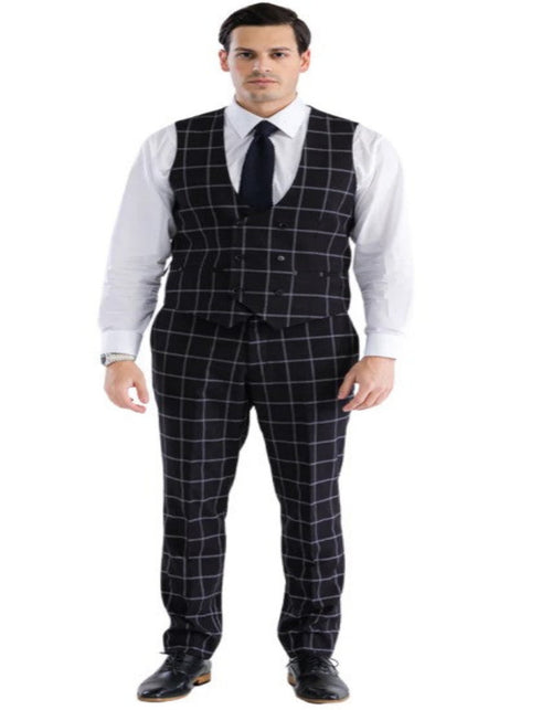 Mens Plaid Suit - Windowpane Pattern With Vest - Business Suit Black by USA Men's Outlet
