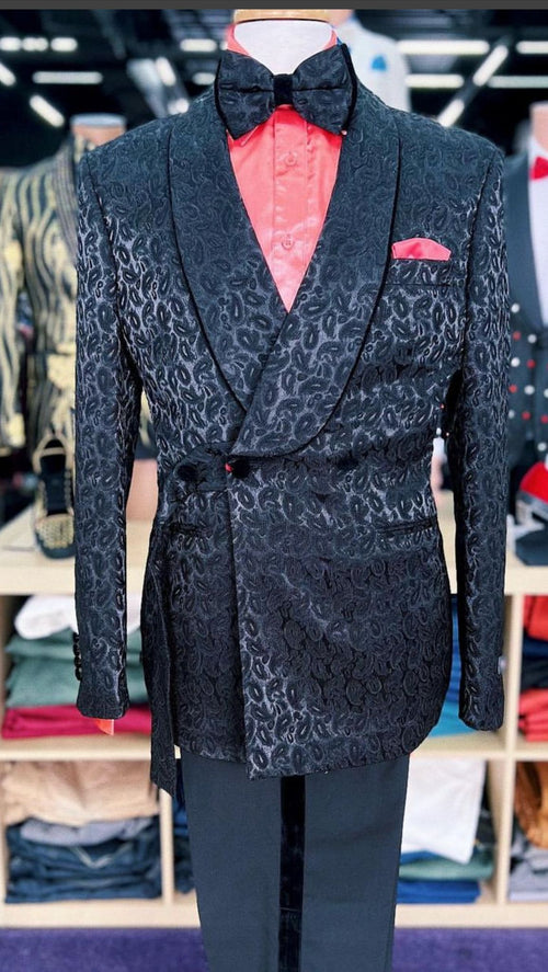 Mens Black Paisley Tuxedo Jacket with – Elegant Formalwear Smoking Jacket