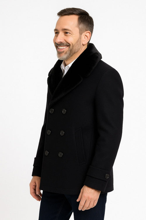 Mens Black Peacoat Wool Overcoat with Faux Fur Shawl Collar - Double-Breasted Winter Peacoat by USA Men's Outlet