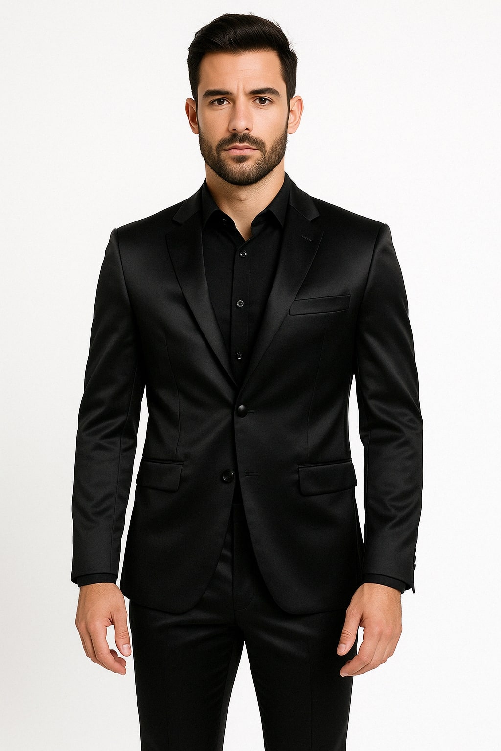 Black Satin Flex Two-Piece Suit – Slim Fit Sport Coat and Matching Pants – SuitUSA