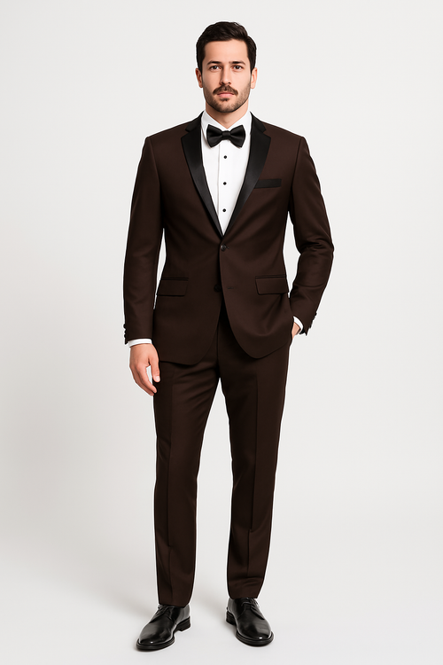 Mens Chocolate Brown Tuxedo with Black Satin Peak Lapel - Formal Wedding and Prom Suit by USA Men's Outlet