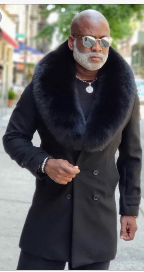Mens Black Double-Breasted Overcoat with Oversized Faux Fur Collar - Winter Luxury Coat USA Men's Outlet