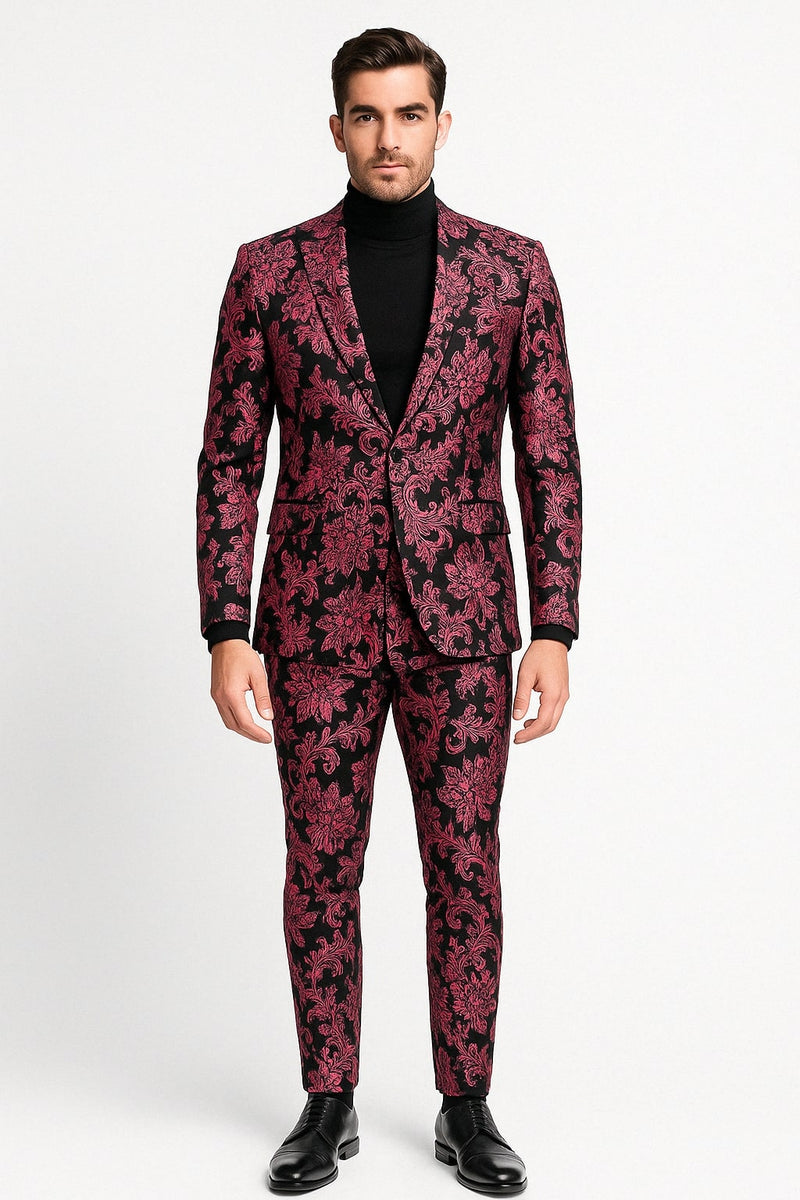 Mens Black and Pink Floral Tuxedo Suit – Magento Fucia Plumish Color Slim Fit 2 Piece Embroidered Outfit for Weddings, Prom and Formal Events