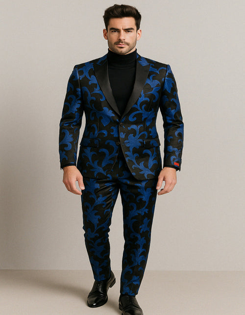Mens Black and Royal Blue Floral Tuxedo Suit – Slim Fit 2 Piece Velvet Embroidered Outfit for Weddings, Prom, and Formal Events
