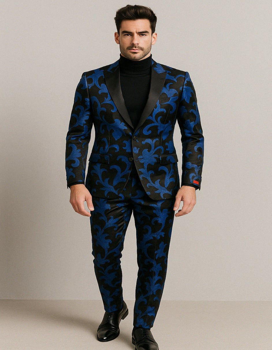 Mens Black and Royal Blue Floral Tuxedo Suit – Slim Fit 2 Piece Velvet Embroidered Outfit for Weddings, Prom, and Formal Events – SuitUSA