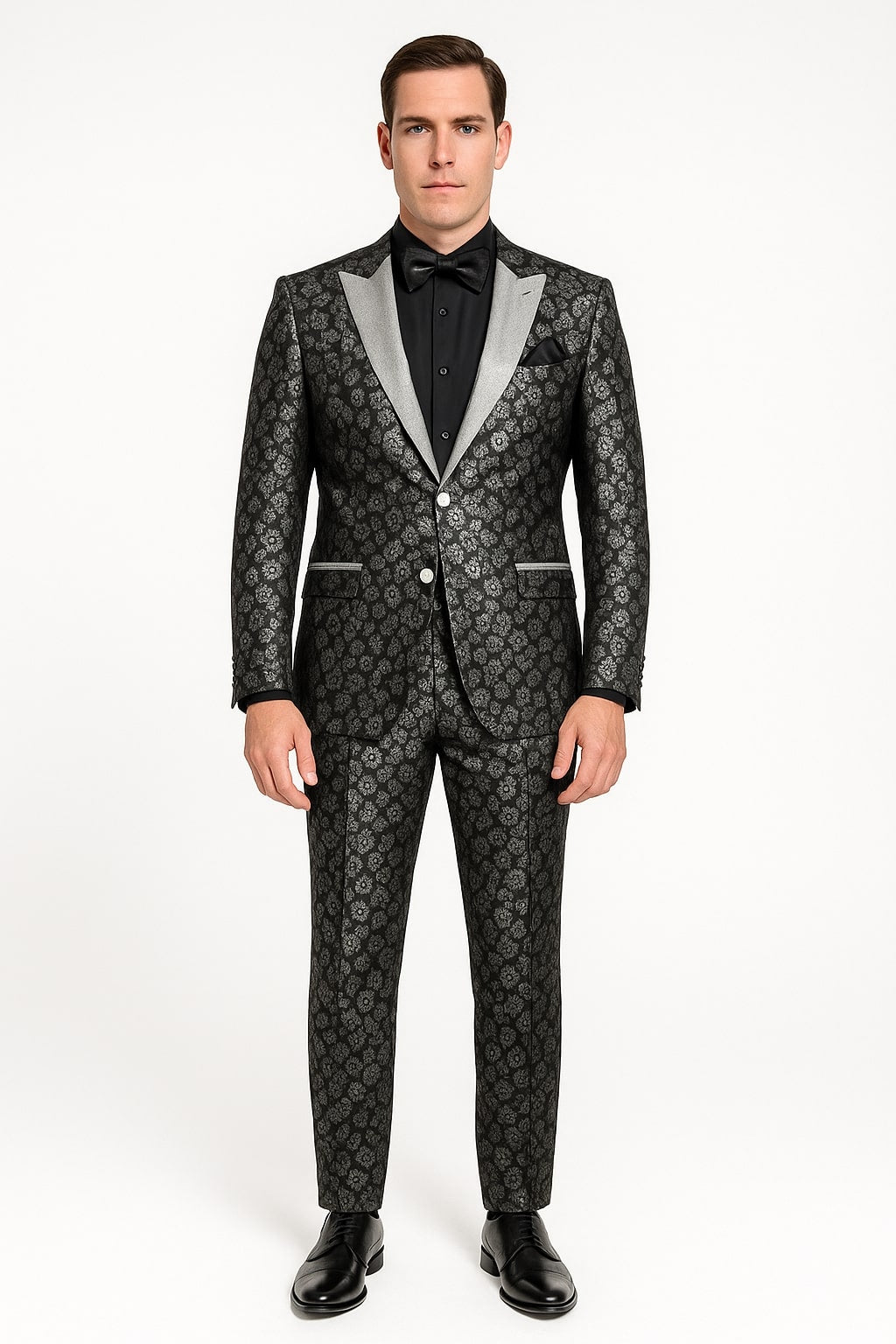 Black and Silver Floral Tuxedo Suit for Men – Luxury Two-Piece Formal Suit with Satin Lapel and Bow Tie – SuitUSA