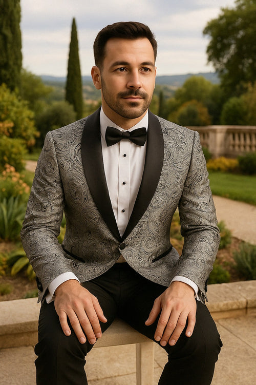 Mens Black and Silver Paisley Tuxedo with Satin Lapel and Bow Tie - Formal Party Suit by USA Men's Outlet