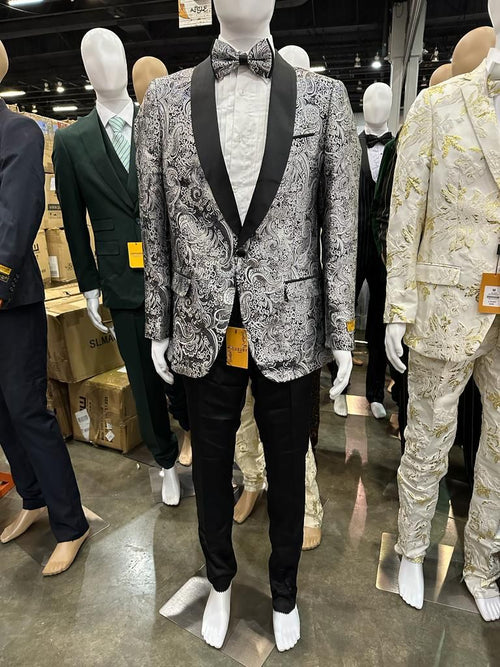Mens Black and Silver Paisley Tuxedo with Satin Lapel and Bow Tie - Formal Party Suit by USA Men's Outlet