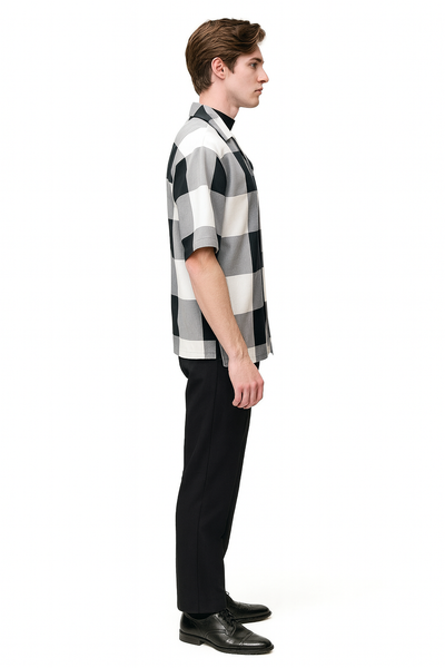 Mens Black and White Checkered Short Sleeve Shirt Set – Casual Two-Piece Summer Outfit