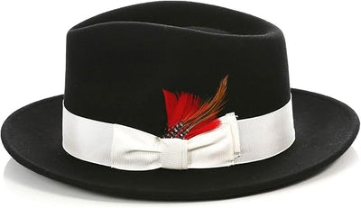 Gangster 100% Australian Wool Crushable Mens Fedora Hat - Removable Feather Gangster Black/White Mens Fedora Hat