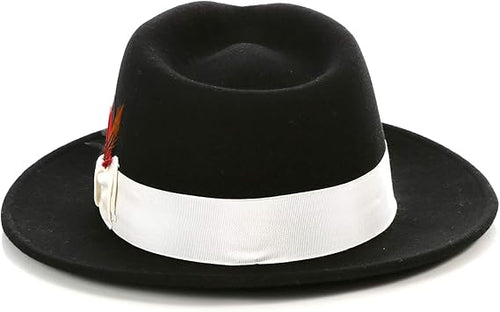 Gangster 100% Australian Wool Crushable Mens Fedora Hat - Removable Feather Gangster Black/White Mens Fedora Hat