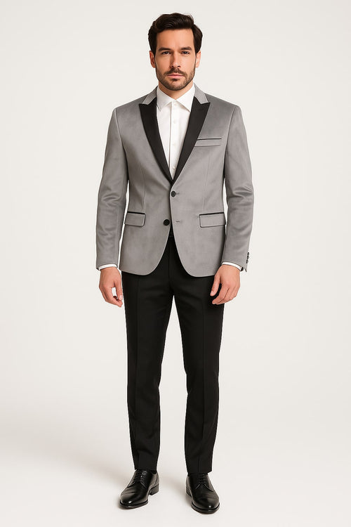Men's Grey Velvet Tuxedo Jacket with Black Satin Lapel Suit - Mens Blazer + Black Pants by USA Men's Outlet