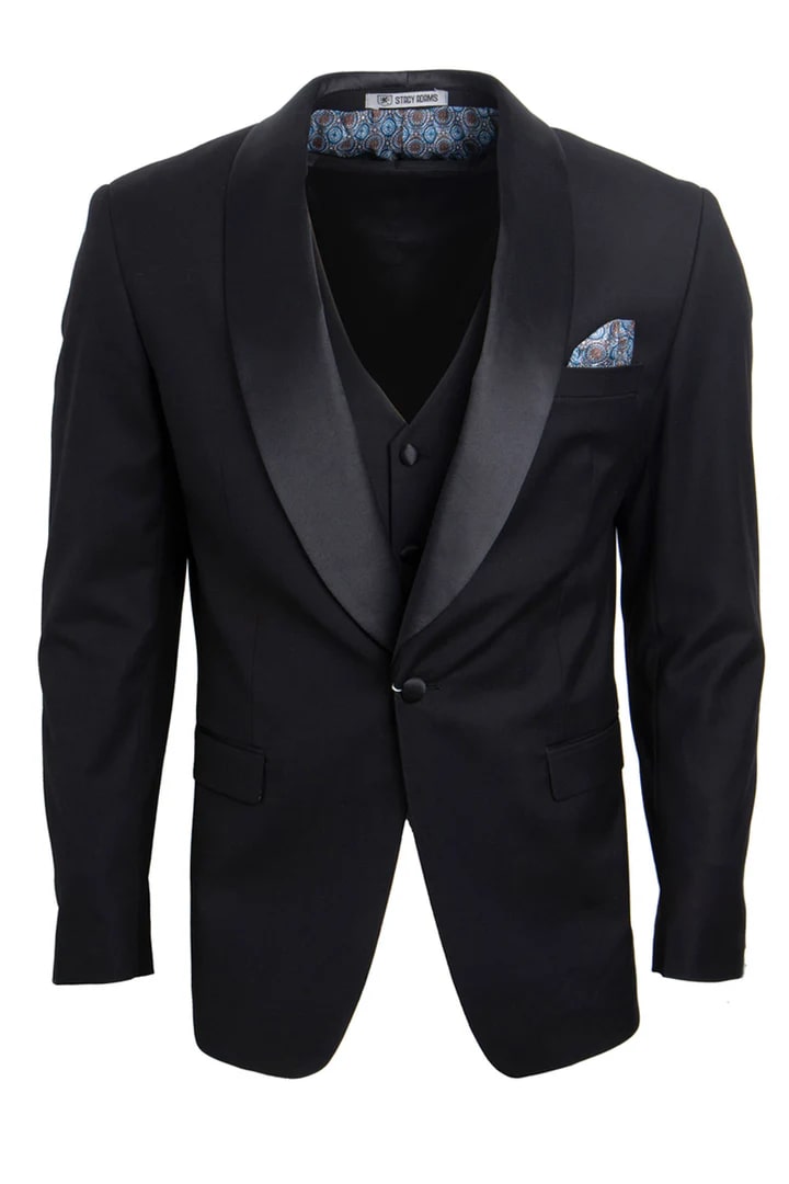 Black prom Suit - Men's Stacy Adams Vested One Button Shawl Lapel Black Tuxedo