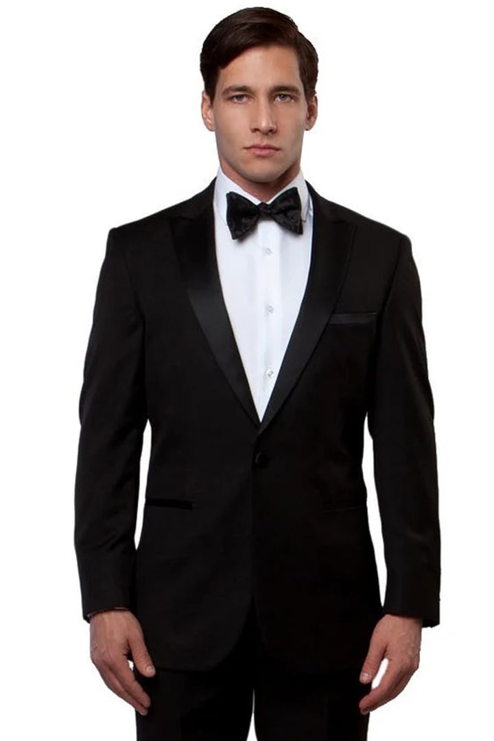 Black Prom Suit - Men's Slim Fit One Button Peak Lapel Wedding Black Tuxedo