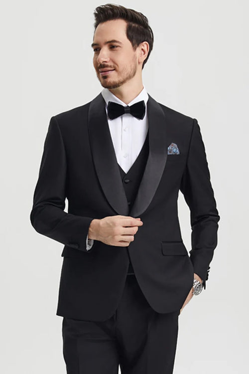 Black Prom Suit - Men's Stacy Adams Vested One Button Shawl Lapel Black Designer Tuxedo