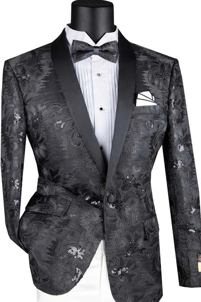 Black Prom Suit - Mens Slim Fit Shiny Floral Sequin Prom Black Dinner Jacket Tuxedo