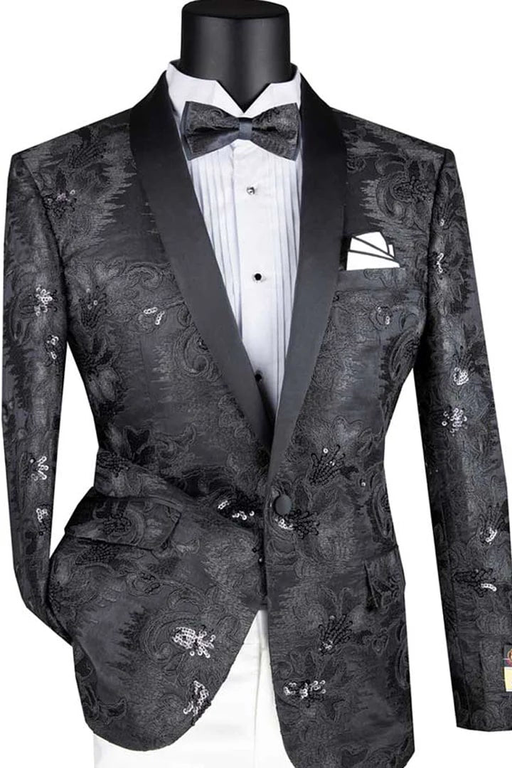 Black Prom Suit - Mens Slim Fit Shiny Floral Sequin Prom Black Dinner Jacket Tuxedo
