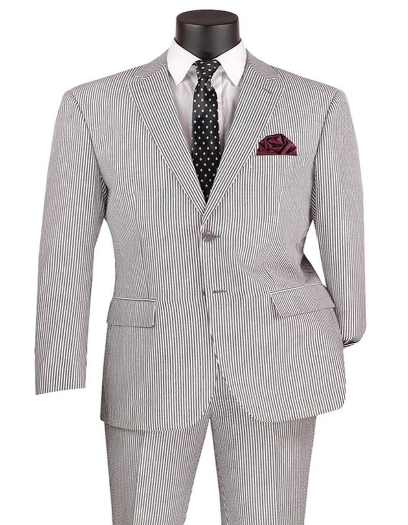 Men's 2PC Summer Seersucker Modern Fit Black Pinstripe Suit