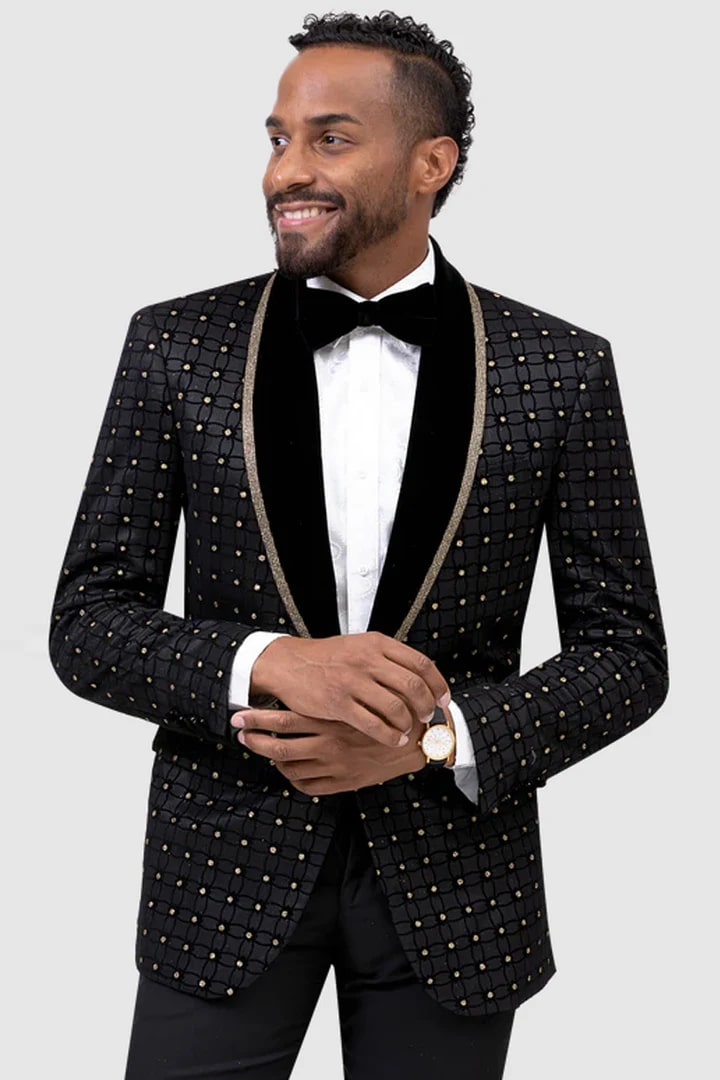 Black Prom Suit - Mens Black & Gold Grid Pattern Wedding Tuxedo Dinner Jacket