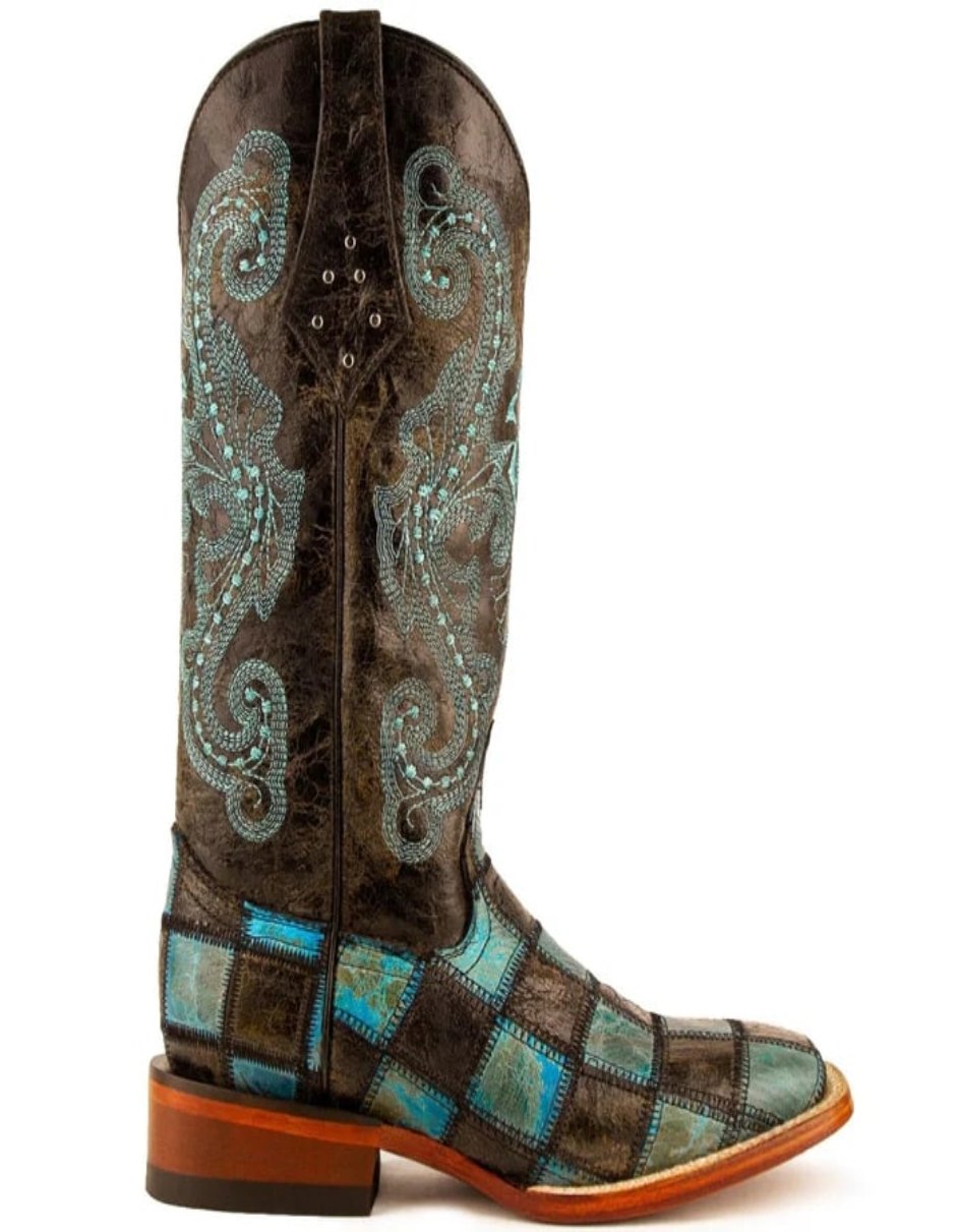Ferrini Women's Patchwork Square Toe Boots Handcrafted - Black/Teal Ferrini USA – SuitUSA
