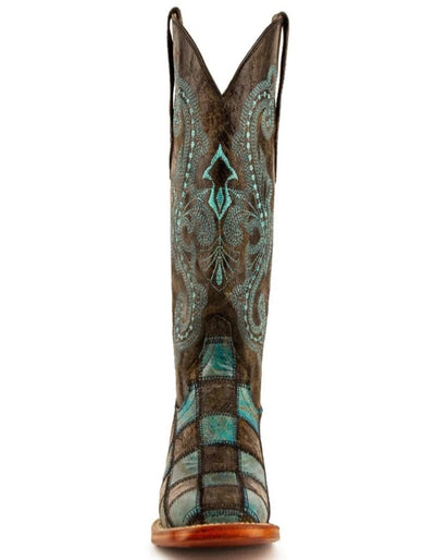 Ferrini Women's Patchwork Square Toe Boots Handcrafted - Black/Teal Ferrini USA