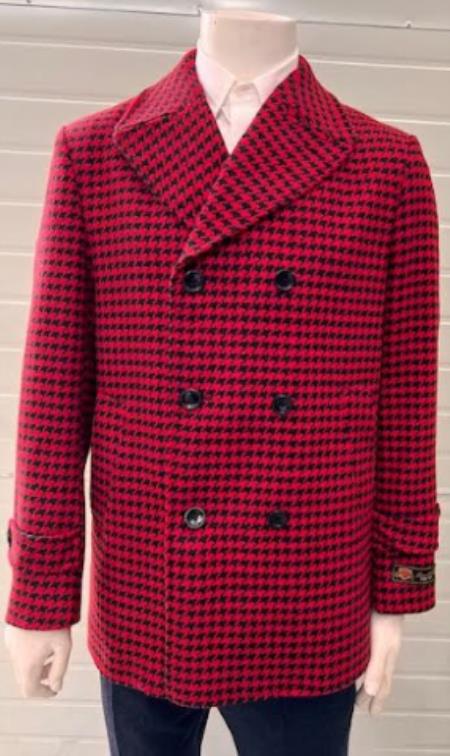 Mens Red Peacoat - Houndstooth Red And Black Pattern Car Coat by USA Men's Outlet