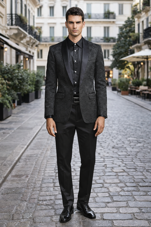 Black Prom Suit - Men's Slim Fit Wedding & Prom Tonal Paisley Black Tuxedo Jacket