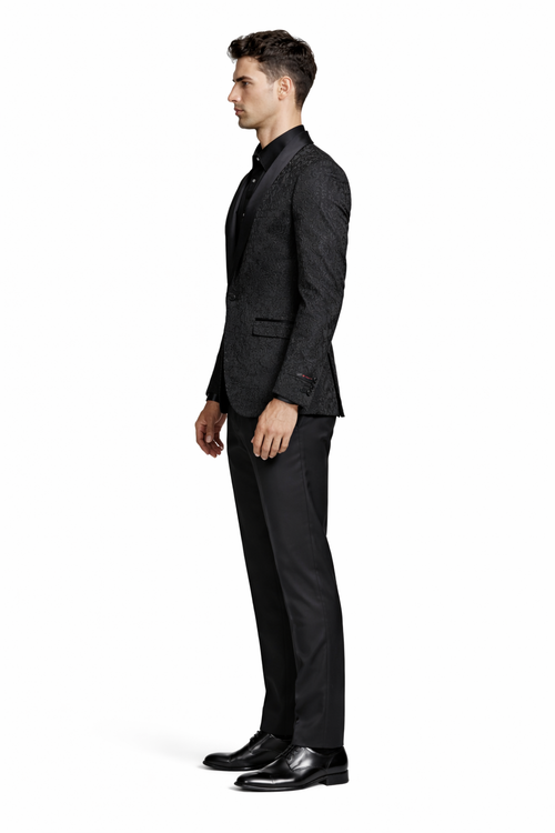 Black Prom Suit - Men's Slim Fit Wedding & Prom Tonal Paisley Black Tuxedo Jacket