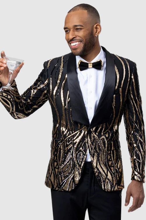 Black Prom Suit - Mens Square Shawl Lapel Black & Gold Sequin Prom Tuxedo Jacket
