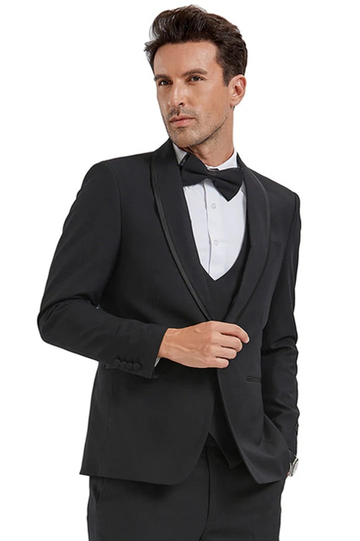 Black Prom Suit - Men's One Button Vested Shawl Black Birdseye Satin Trim Tuxedo