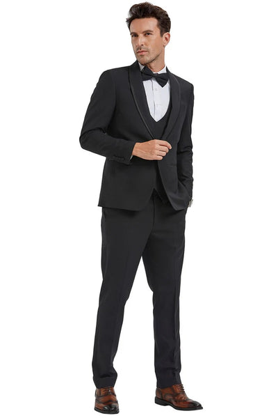 Black Prom Suit - Men's One Button Vested Shawl Black Birdseye Satin Trim Tuxedo